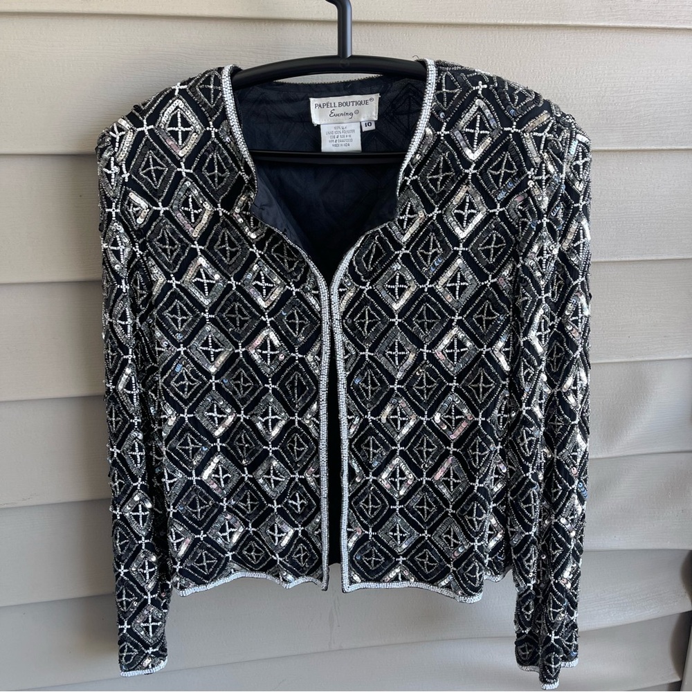 Vtg Papell Boutique Evening 100% Silk Beaded‎ Jacket Black Silver Large Wedding